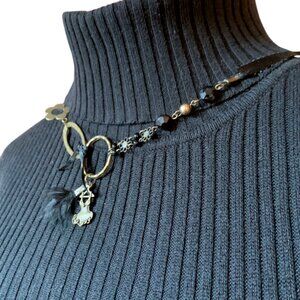 Handmade Black & Antique-Gold Charm Necklace – Dress Pendant, Feather Vintage
